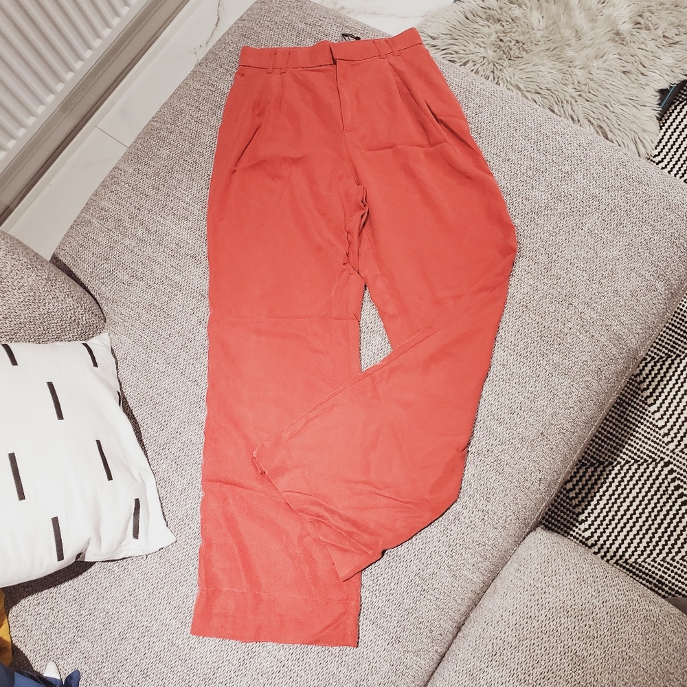 ZARA Coral Red Lyocell Wide Leg Pleated Waist Pants - Picture 11 of 12
